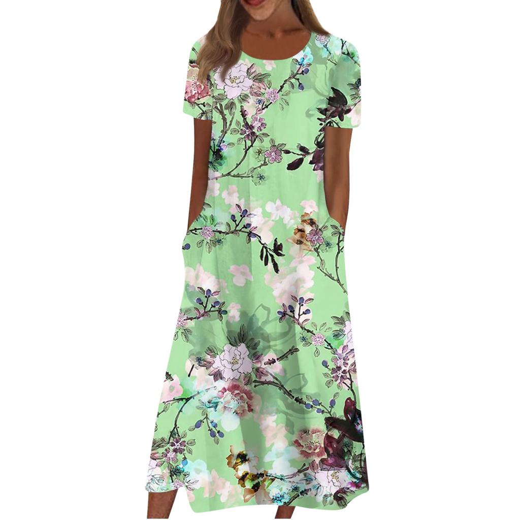 Women's Casual Dresses Printed Dresses Summer Dresses Printed Pleated Round Neck Midi Dresses Basic Classic Outdoor Daily Short Sleeve Loose Dresses
