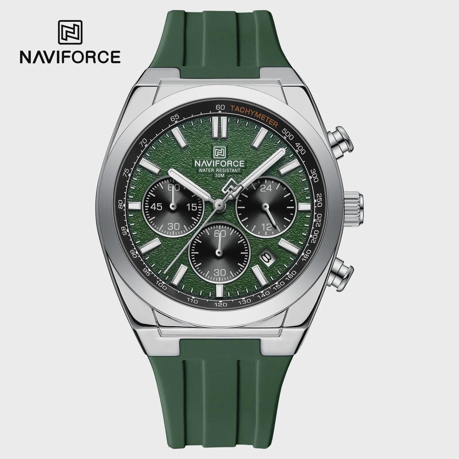 

Waterproof Sport Watches for Men Multi-function Chronograph Wrist Watch Male Luxury Silica Band Quartz Clock Silver dial зелений