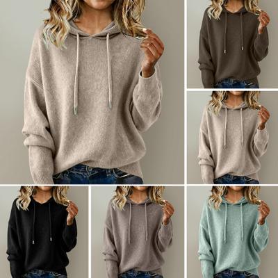 Women Hooded Sweater Adjustable Drawstring Long Sleeve Loose Fit Knitting Tops Fall Winter Pullover Tops