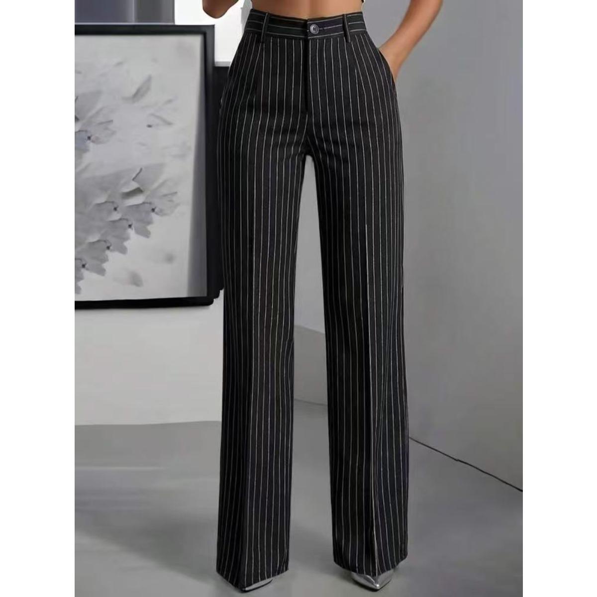 Women s High Waist Vertical Stripe Loose Wide Leg Suit Pants Elegant Office Long Trousers XS чёрный