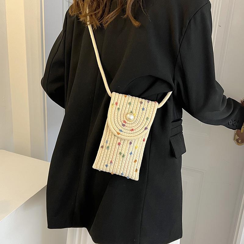 Colorful Woven Crossbody Straw Bag: Cute Cotton Rope Design, Perfect for Cell Phones - A Stylish Single Shoulder Bag for Women