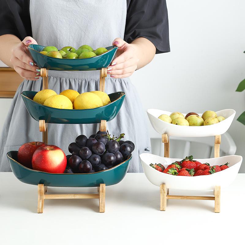 Multi-layer Fruits Vegetables Fruits Bamboo and Wood Best Rack Ceramic Creative Design Double-layer Snacks Snacks Home Use Living Room Dry Storage