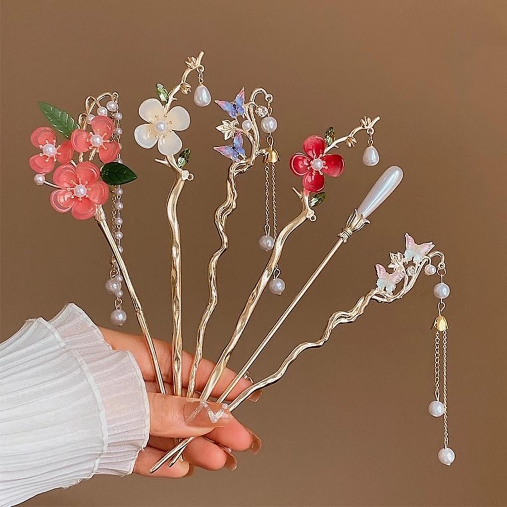New Flower Hairpin For Women Elegant Floral Butterfly Pearl Tassel Hair Stick Trendy Jewelry Hair Accessories Hair Clips