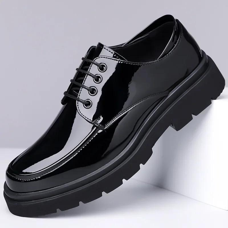 Fashion 2025 Autumn Patent Leather Men's Business Formal Tie-Up Shoes Safety Professional Bata Breathable Men's Shoes Botas Para Hombre