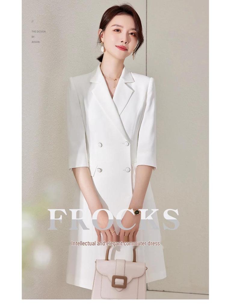 Spring/Summer White Double-Breasted Midi Dress with Suit Collar and Formal Workwear Elegance