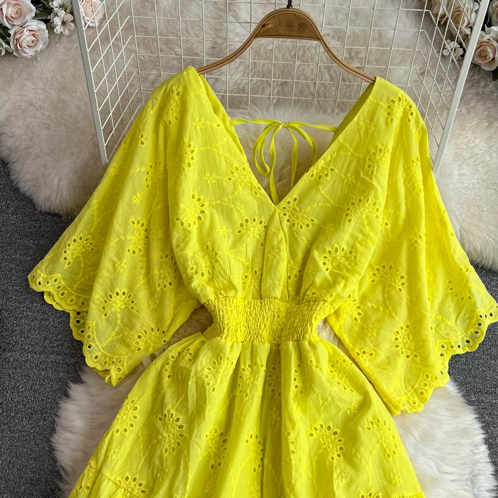 Vestido Vintage con bordado calado de cintura alta, vestido de hada acampanado de manga corta, Vestidos elegantes de playa para verano, vestido veraniego para vacaciones para mujer