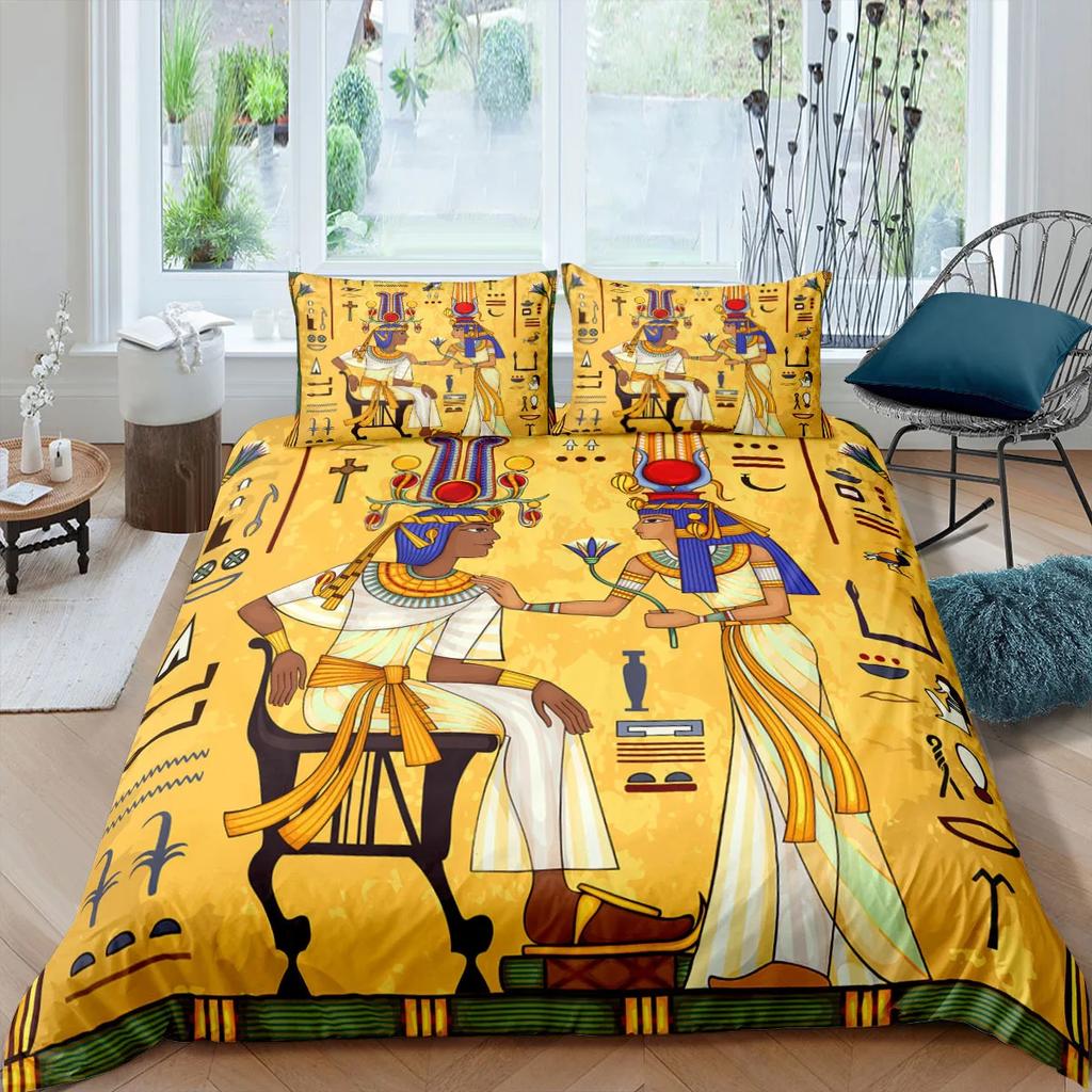 Pharaoh Bedding Sets,King Size 3D Ancient Egypt Tribe Decor Comforter Cover Set For Adult Egyptian Pyramid Polyester Duvet Cover