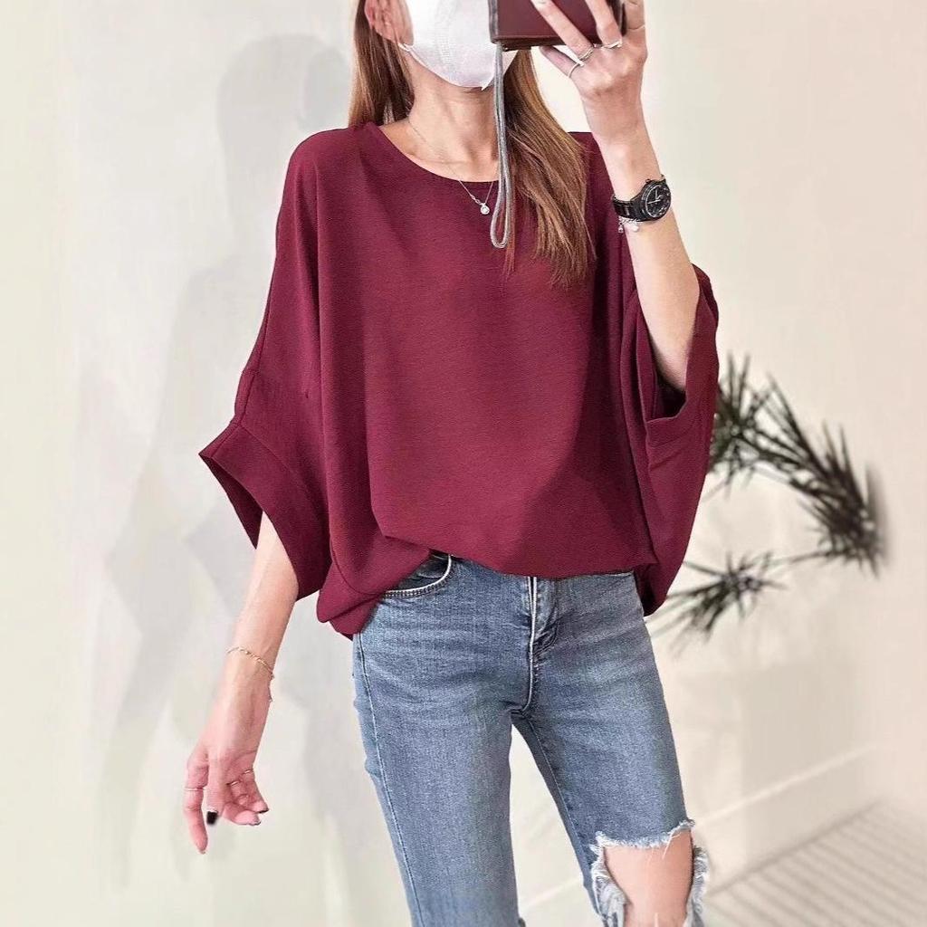 2025 Ice Silk Pleated Batwing Sleeve Plus Size Women's Top - Casual and Trendy