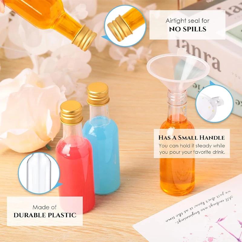 30pcs Mini Liquor Bottles Plastic Spirit Bottles with Silver/ Gold Caps Alcohol Shot Cups with Funnels Kraft Tags Rope for Party