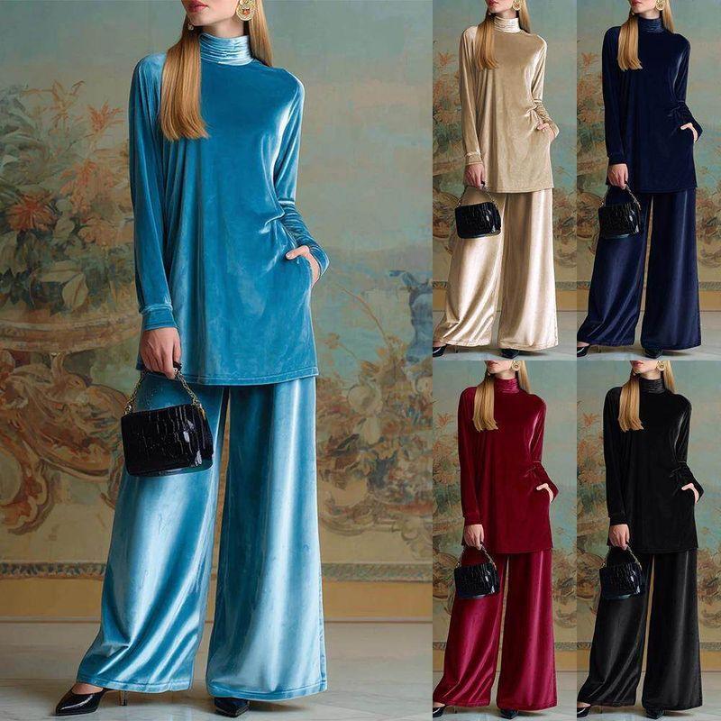 

Gold Velvet Loose Top Wide Leg Pants Set Peacock Blue [Ready Stock] L
