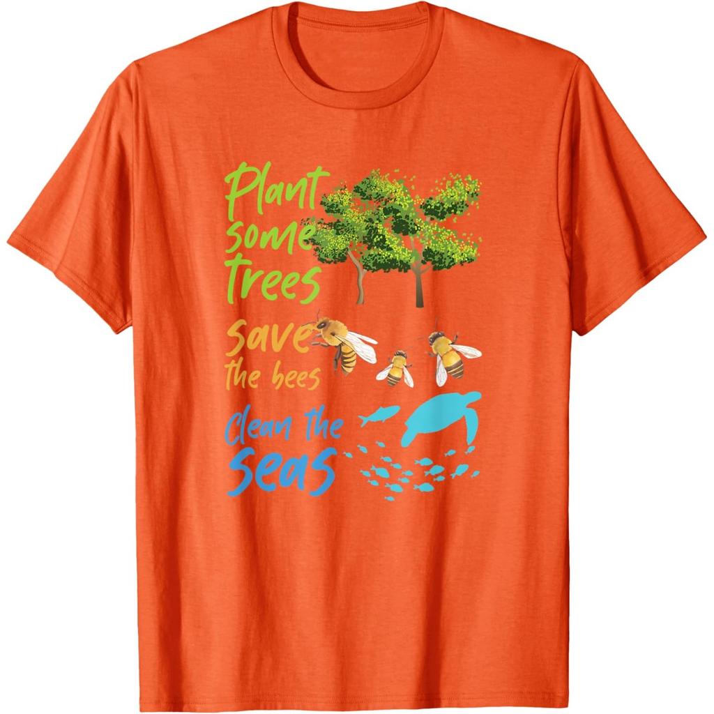 Plant Trees Save Bees Clean Seas Turtle Graphic Cotton T-Shirt Casual Crewneck Tee