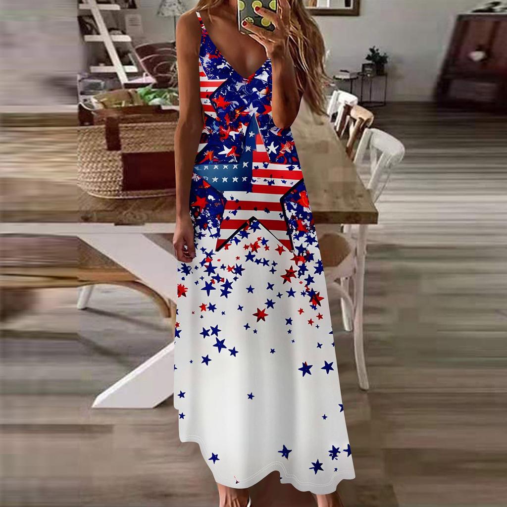 Women's Loose Independence Day Casual Slim V-neck Color Imitation Cotton Fashion Overalls Skirt