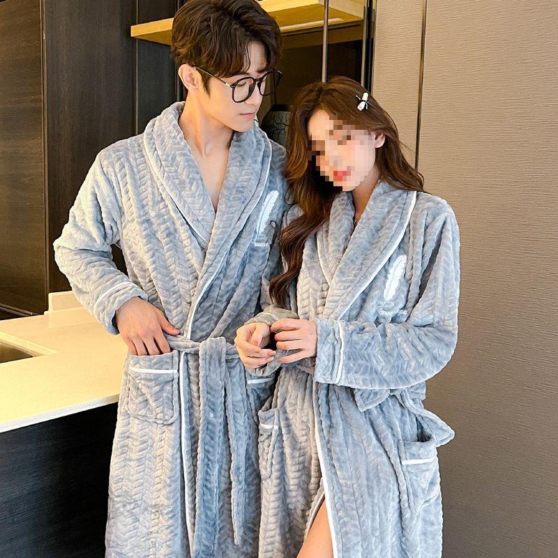 G5Z Winter Flannel Couple Robe: Men's Coral Fleece & Women's Plus Velvet Thick Warm Pajamas Bathrobe.
