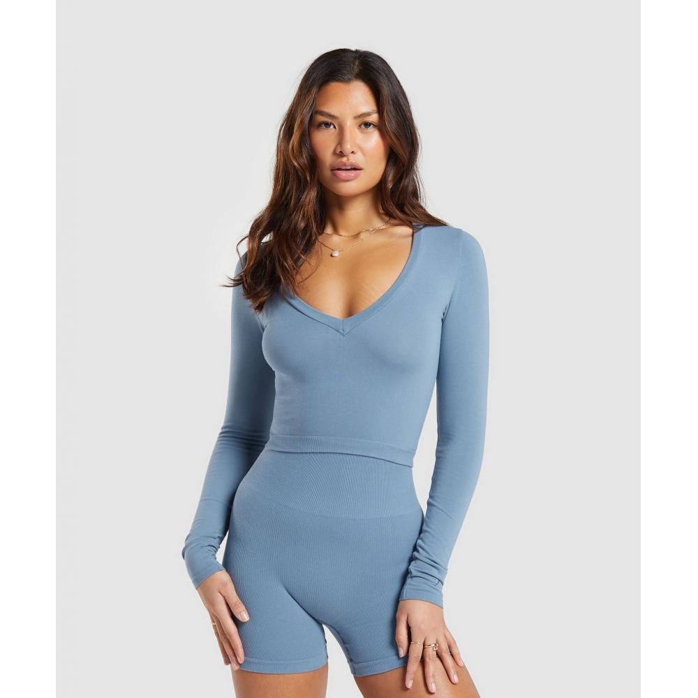 

GYMSHARK Хлопковый бесшовный топ миди с длинными рукавами Faded Blue B8A4Z UCMG