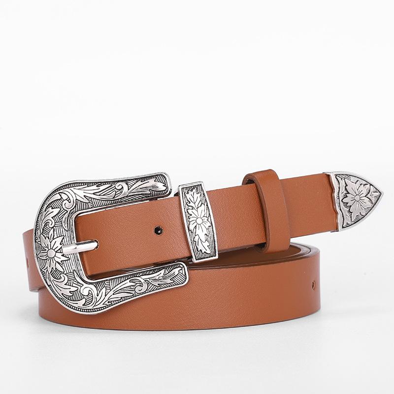 Casual Belt - Versatile Decorative Belt with Unique Engraved Antique Silver Buckle - Three-piece Set for Flat Waistbands
