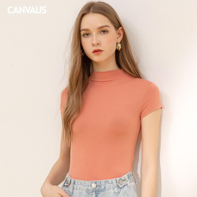 CANVAUS Women'S Summer New Half-High Collar Modal Short-Sleeved Slim T-Shirt