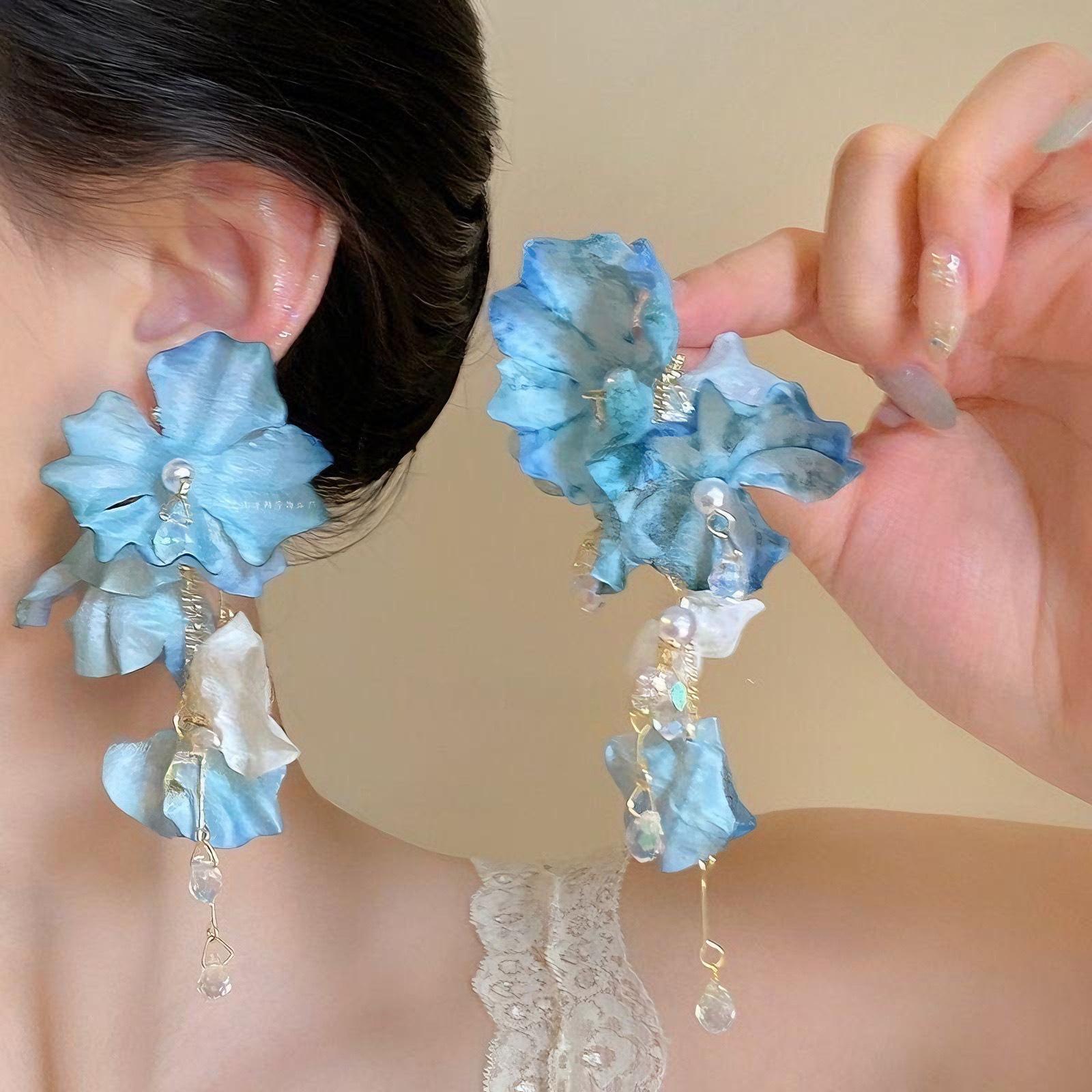Elegant Blue Tassel Flower Stud Earrings - Fresh & Sweet Resort-Style Jewelry