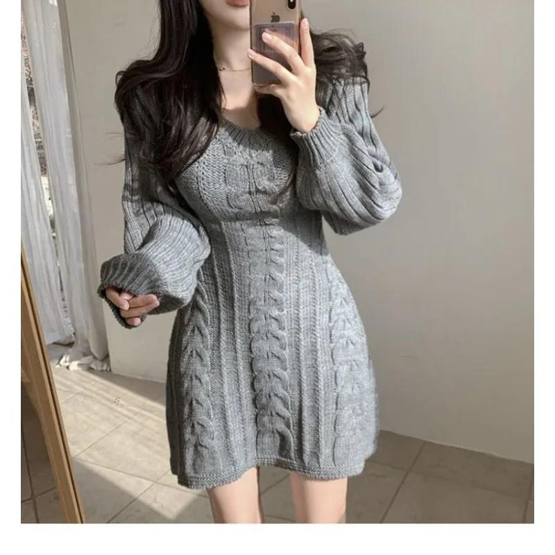 Rochie Tricotată A-line Slim cu Mâneci Lungi Toamnă Temperament Decolteu în V Design Răsucit