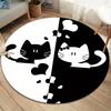 Round Crystal Velvet Rug Black White Cat Love Heart Pattern Round Floor Mat Pet Lover Home Decor Cute Animal Design