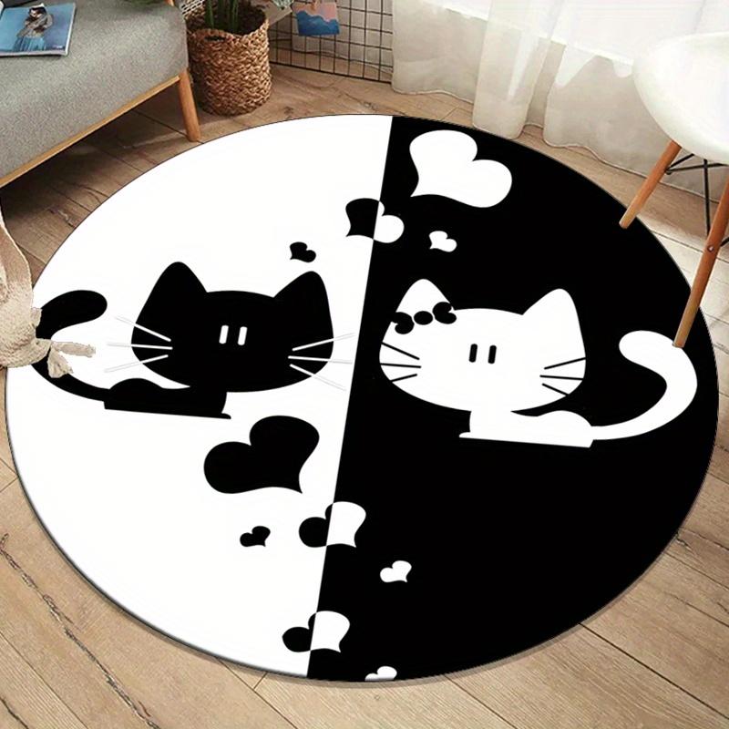 Round Crystal Velvet Rug Black White Cat Love Heart Pattern Round Floor Mat Pet Lover Home Decor Cute Animal Design