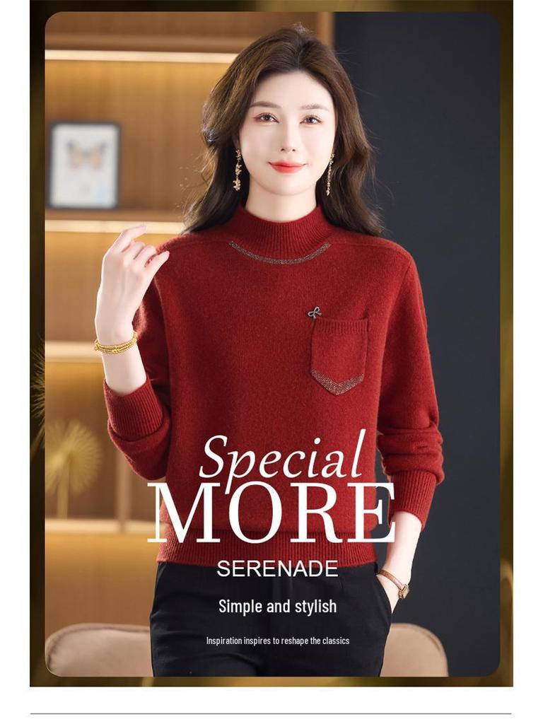 100% reine Schurwolle Damen Pullover mit halbem Stehkragen - Warme Strick-Basisschicht für mittlere und ältere Menschen