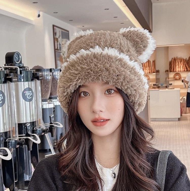 Plush Hat Female Winter Cute Bear Ears Striped Contrasting Color New Sweet Contrasting Color Knitted Wool Hat