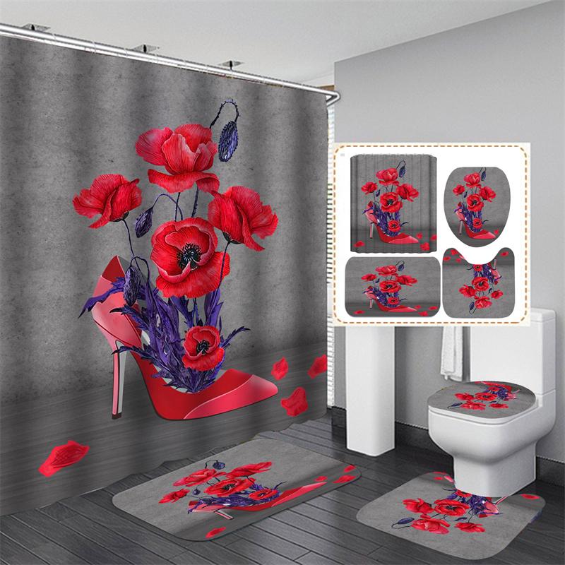 20 barev Rose Print 3D sprchový závěs s háčky Vodotěsný Koupelnový závěs Protiskluzová sada podložek do vany Toaletní koberečky Koberec Domácí dekorace