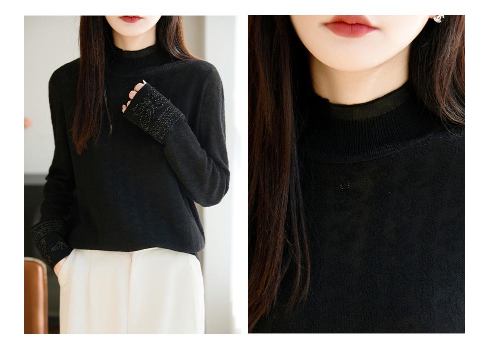 Elegant Ruffled Knit Sweater: Half-High Collar, Warm & Versatile for Autumn/Winter.