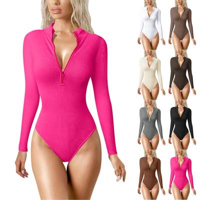 Women's Fashion Sexy Solid Color Top Round Neck Zippered Long Sleeve Slim Jumpsuit