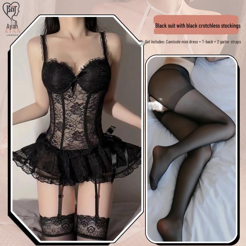 Seductive Lace Mesh See-Through Lingerie Bodysuit with Suspender Straps