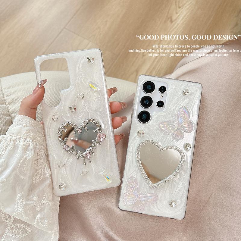 Drip Glue Water Diamond Love Mirror Phone Case for Samsung S25ultra Butterfly S24plus Love Gem A16