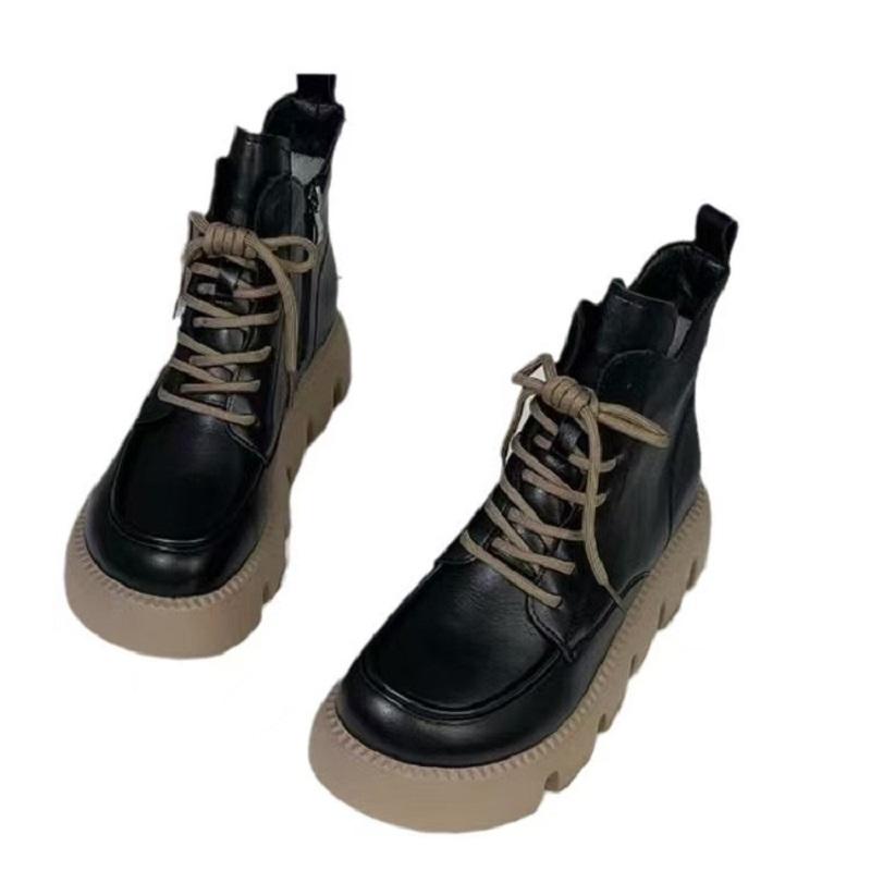 Women's 2025 Spring and Autumn New Soft Leather Retro Boots Fashion Thick Soled Tall Short Boots Round Head Strap Short Boots