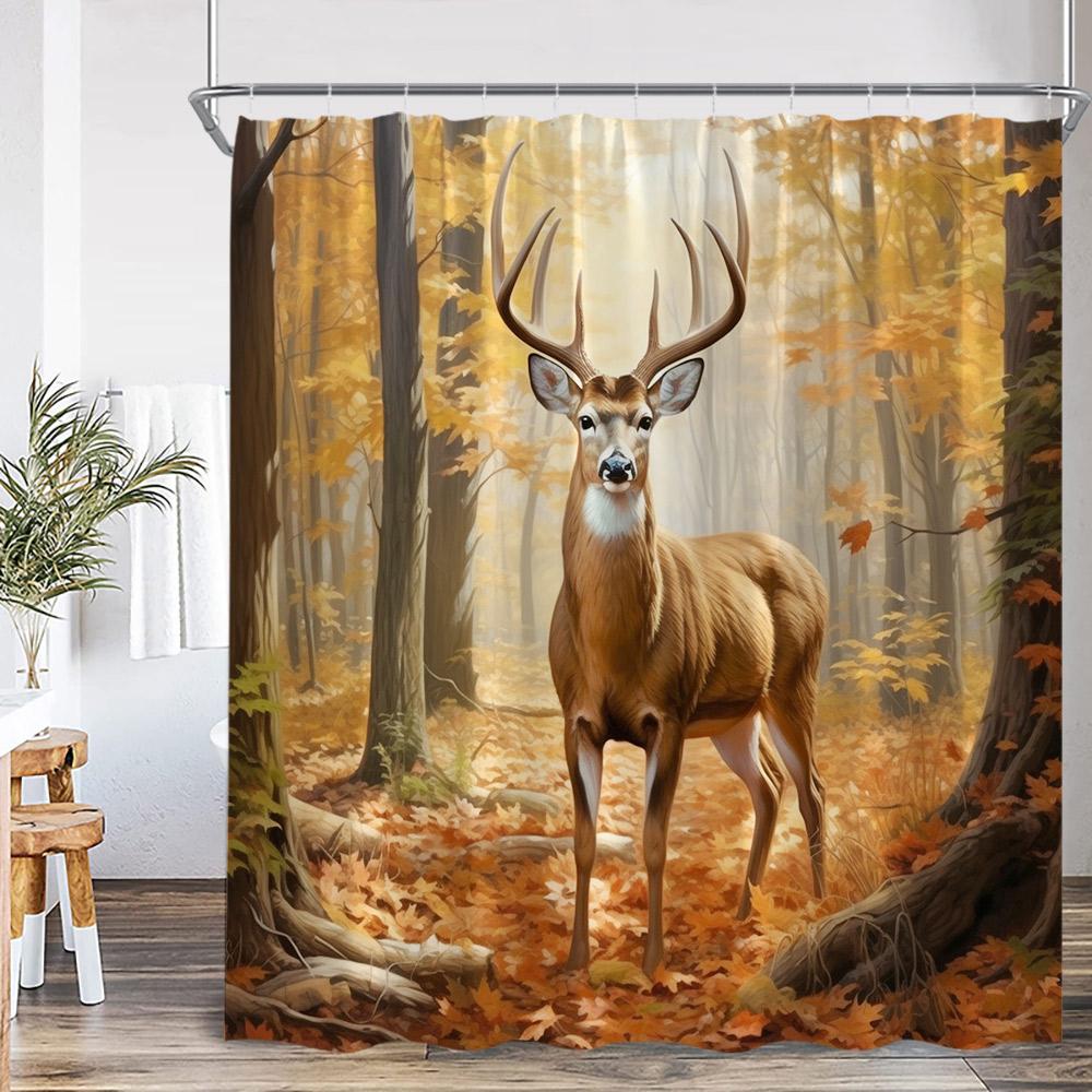 Herbstwald Duschvorhang Hirsch Hochlandrind Tiger Wildtier Natur Herbstlandschaft Badezimmerdekoration Polyester Duschvorhang