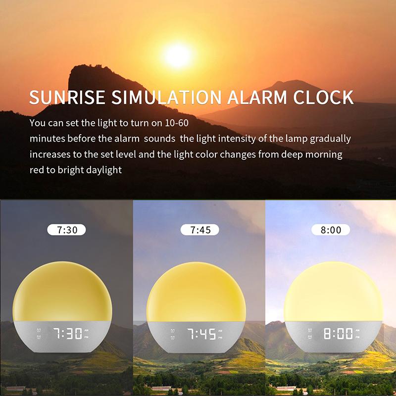 Wake Up Light Alarm Clock Sunrise/Sunset Simulation FM Radio Color Night Light  White Noise Machine Bedside Clock for Home Decor