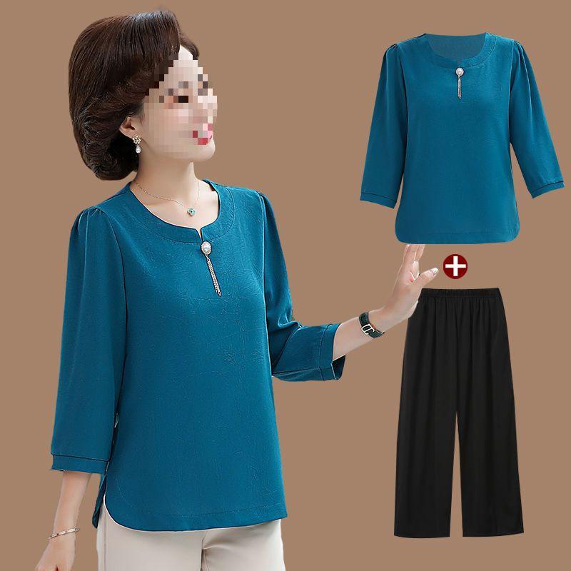 Stylish Spring Two-Piece Set for Middle-Aged Women - Loose Short-Sleeved Top & Bottom