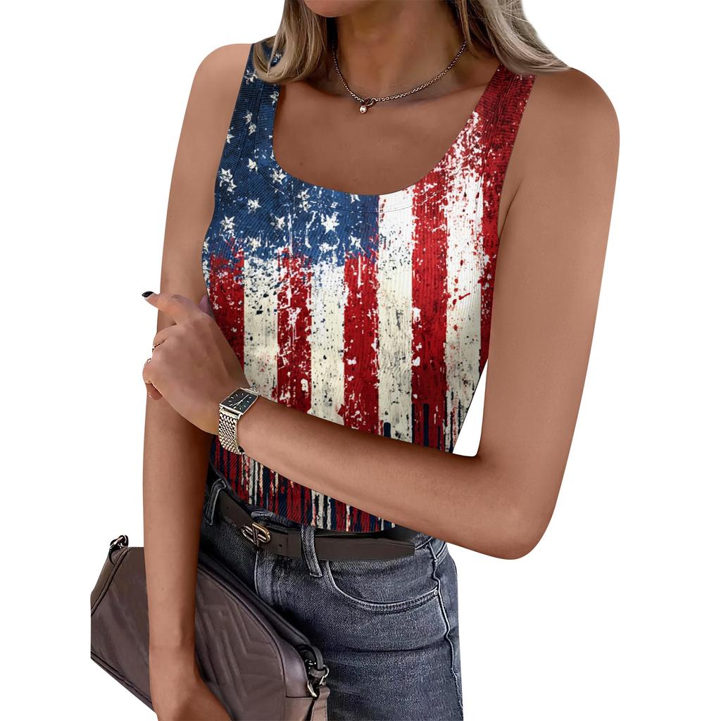 Women's Summer Fashionable Casual Independence Day Printed Round Neck Sleeveless Top Fitted Vest
