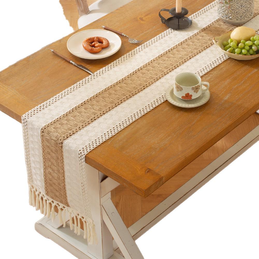 Nordic Light Luxury Cotton Linen Color Block Tassel Table Runner