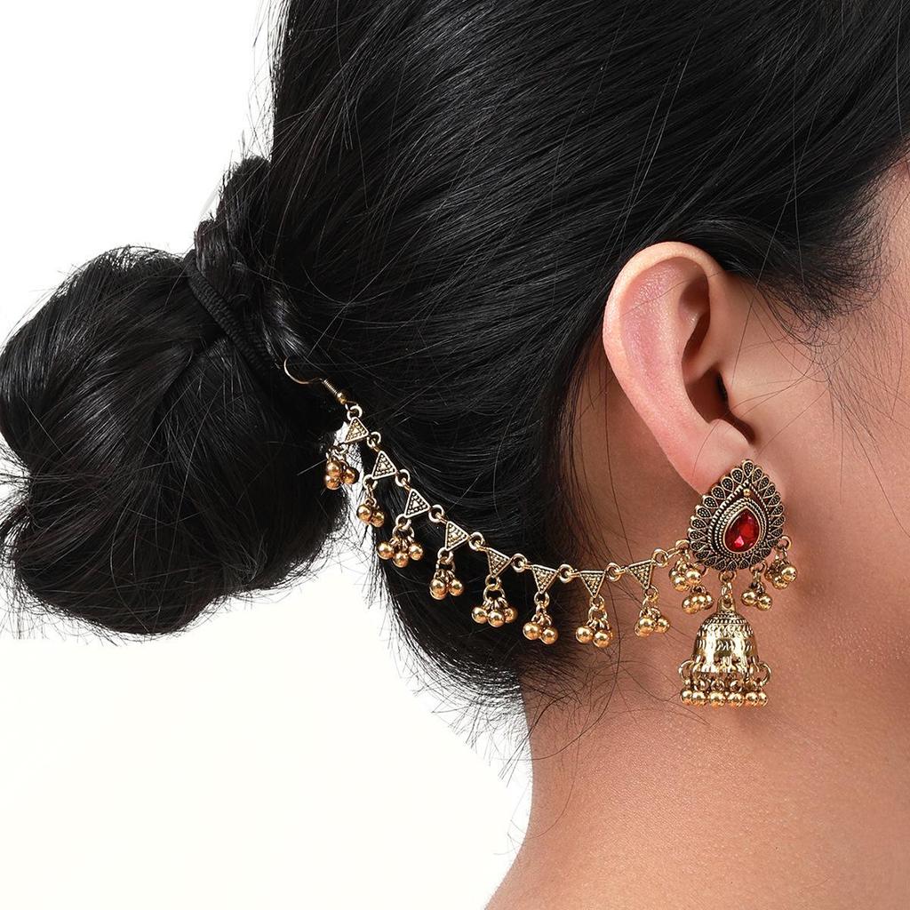 Fashionable Retro Indian Rhinestone Tassel Earring & Hair Chain Set