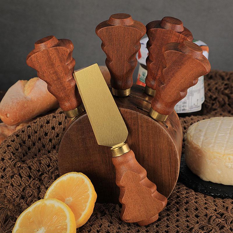 Akazienholz Weihnachtsbaum Käsemesser & Gabel Set mit Holzsockel - 6-teiliges Set