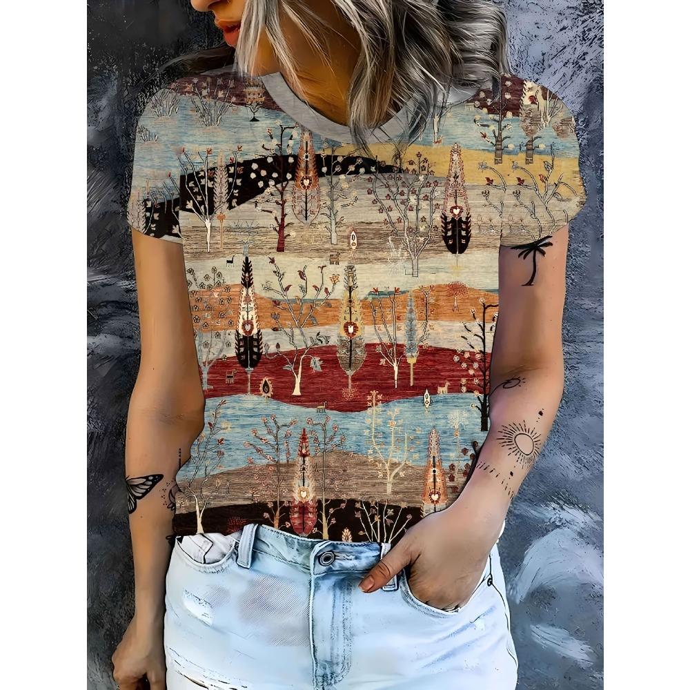 Summer Women's Casual Round Neck Short Sleeved T-shirt Creative Animals 3D Printing Fashionable Comfortable Breathable Loose Sports Versatile T-shirt