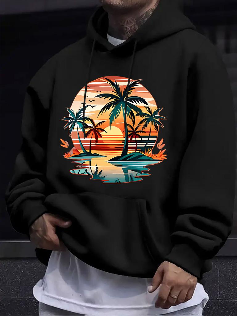 American/European Style unisex Autumn/Winter Printed Hoodie Long-Sleeve Sweatshirt, Tropical Coconut Tree Sunset Scenery Printed Hooded Sweatshirt, Vi