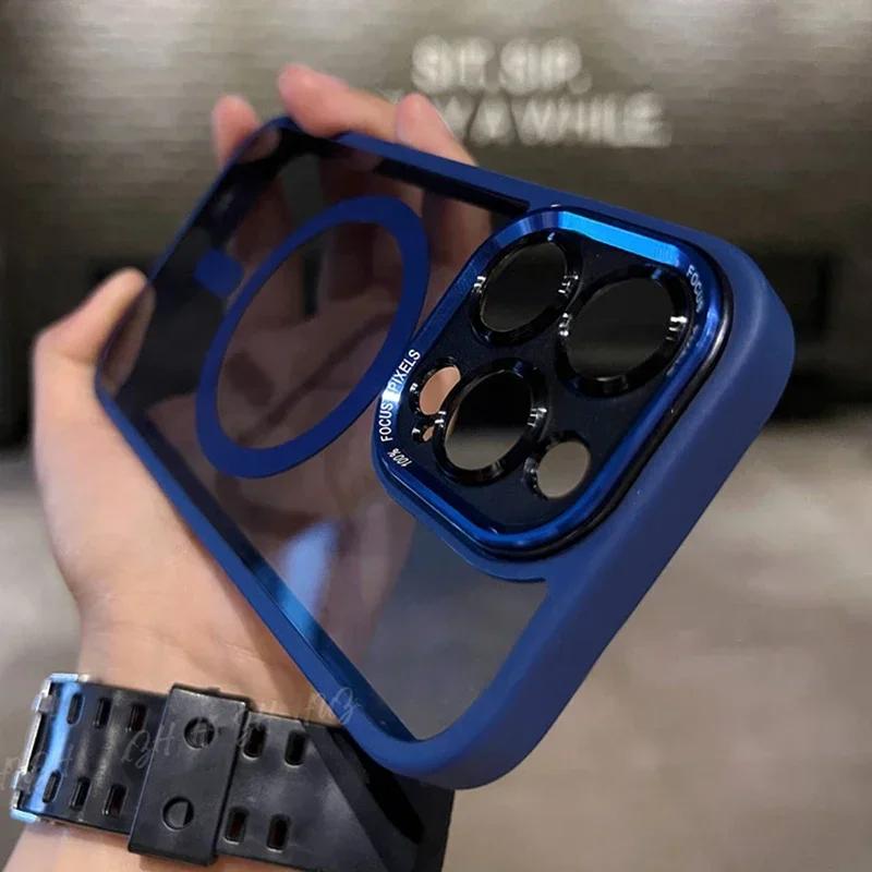 Luxury Magnetic Metal Lens Bumper Protection Case for IPhone 16 15 14 13 12 11 Pro Max Plus Magsafe Acrylic Translucency Cover