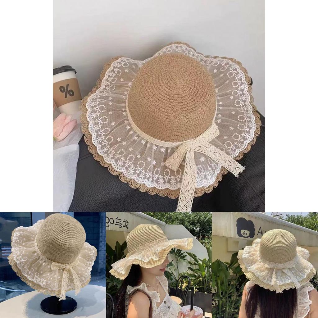 Summer Large Brim Straw Hat With Lace Details For Women Sunblock Breathable Outdoor Accessory