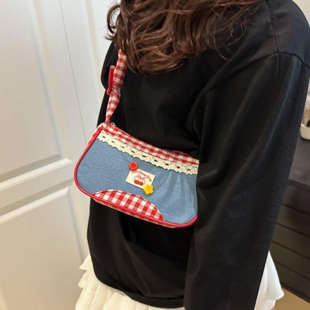 Plaid Denim Underarm Bag Rural Style Crossbody Bag Lovely Lattice Shoulder Bag  Women