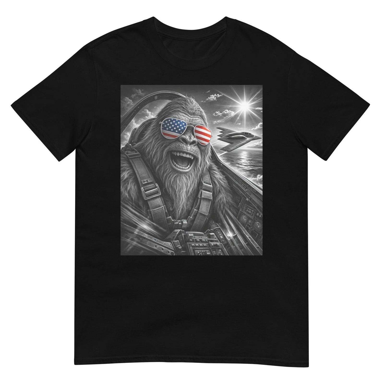 Bigfoot Pilot Selfie with Stealth Jet Sasquatch 4th of July T-Shirt 2XL