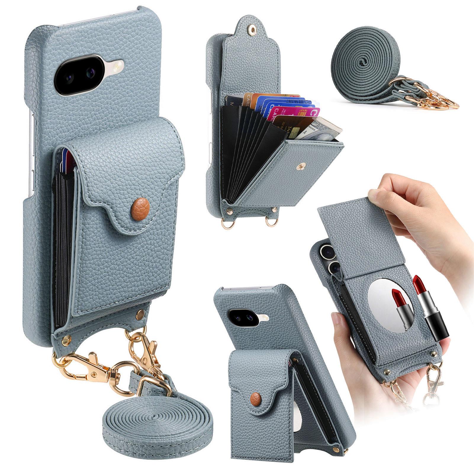 

For Google Pixel 9a Case Mirror Card Holder Litchi Texture Leather Phone Back Cover with Long Strap Light Blue