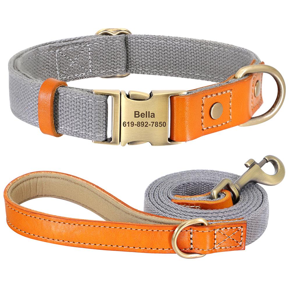 Personalized Dog Collar Leash Set Nylon Leather Dogs Necklace Customized Pet ID Tag Collars 5ft Walking Lead Rope For Dogs Pug