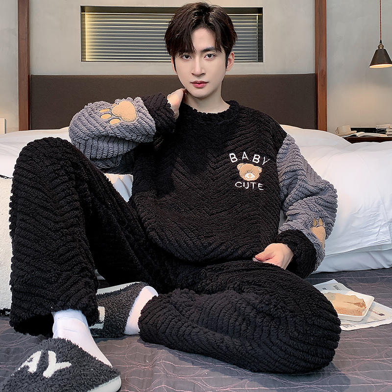 Winter Men Fleece Casual Long Sleeve Pajamas Set Coral Velvet Cute Cartoon Sleepwear Plush Thicken Warm Homewear