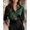 New Cross-Border Spring And Autumn Slim-Fit Long-Sleeve Leopard Print Round-Neck Satin Patchwork Shirt For Women