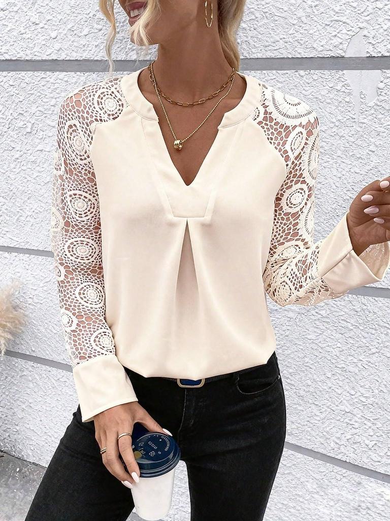 V-neck Patchwork Embroidery Lace Long Sleeve Women's Spring/Summer Top